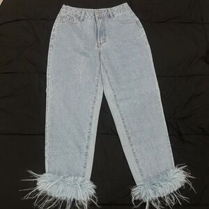 Light Blue Feather Hem Women Jeans